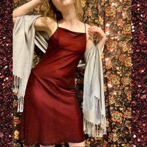 90s maroon square neck shimmer dress